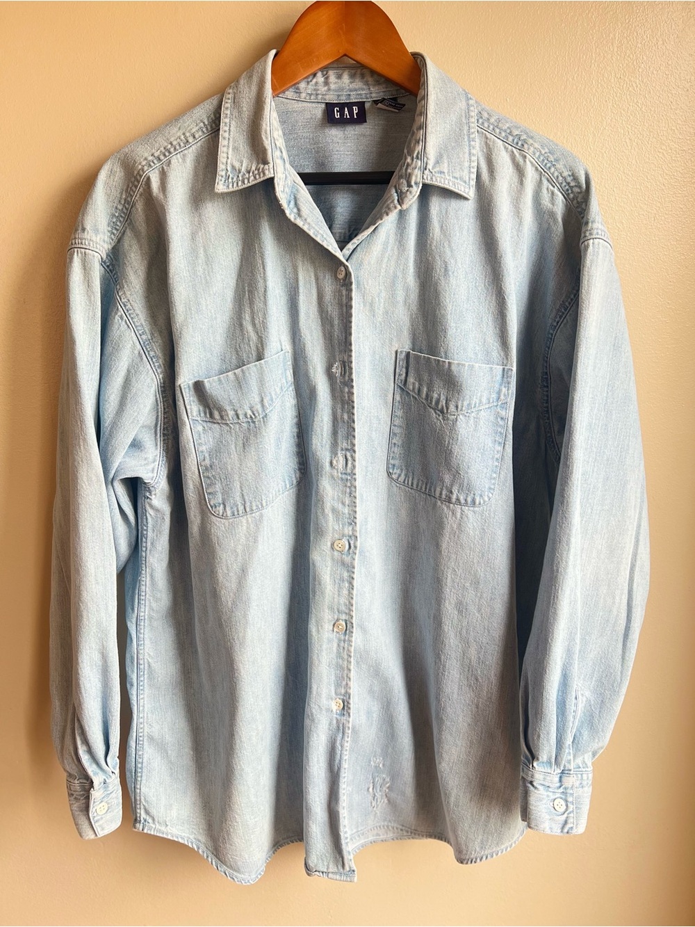 Vintage 90s GAP Light Wash Denim Distressed Chambray Shirt Oversized Large